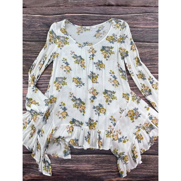 Entro Sz S Womens Floral Print Tunic Top Peasant Blouse Ruffle Asymmetrical Hem - Picture 3 of 7